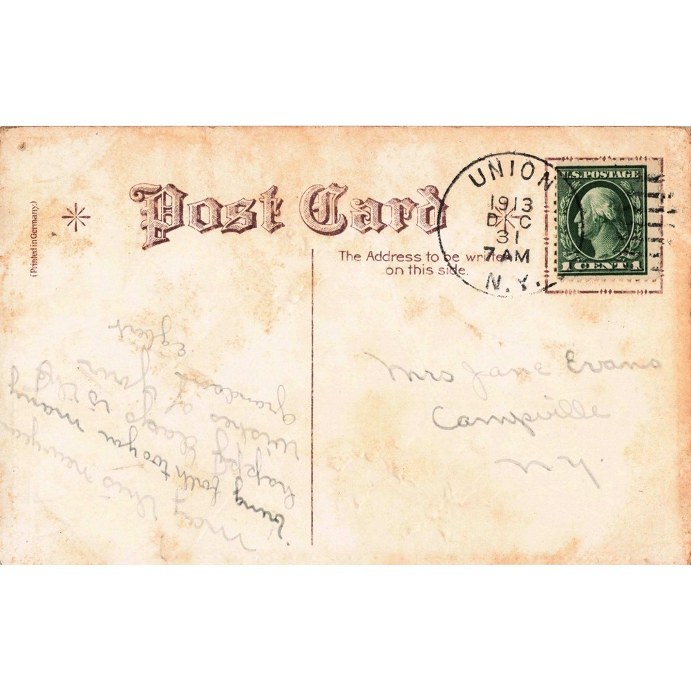 Antique 1913 New Year Postcard Bell Holly Winter Scene Union NY Postmark Germany - Picture 2 of 2